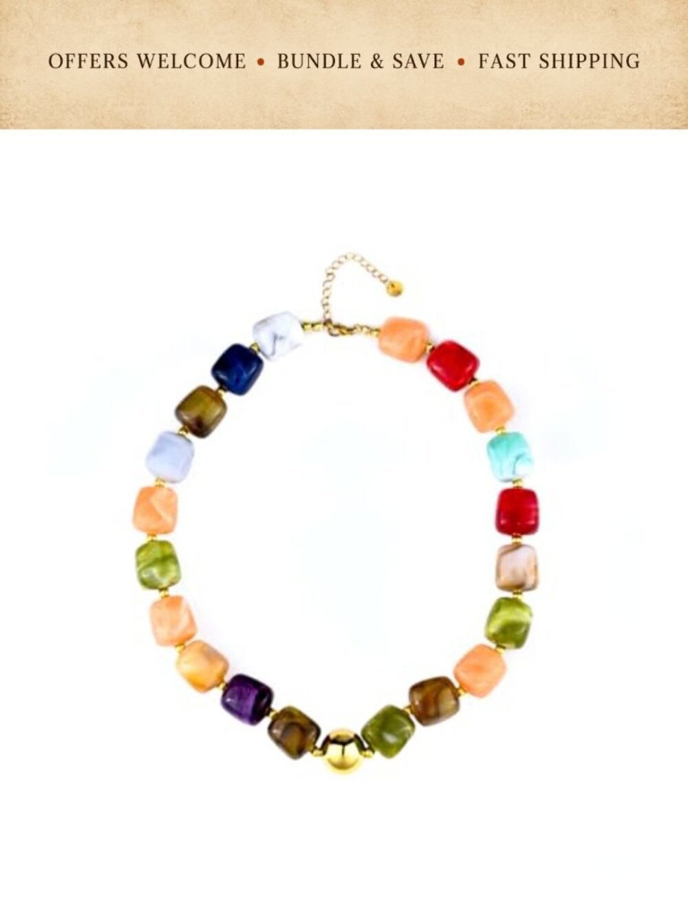 Chunky Beaded Necklace Gold Plated Resin Choker Boho Beach Summer Jewelry